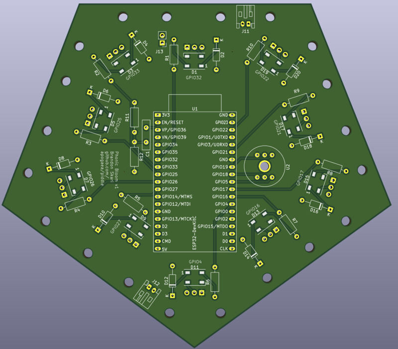 An unpopulated circuit board with silk screen markings indicating where components go
